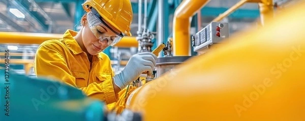 Obraz A worker inspecting equipment at a natural gas plant, with pipes and control systems in the background, highlighting domestic energy production
