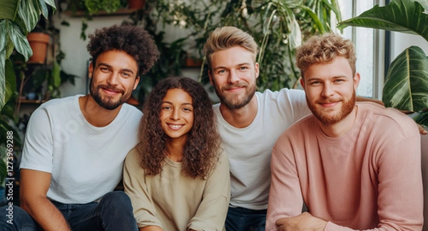 Fototapeta Four friends enjoy a cheerful gathering amidst lush greenery in a cozy indoor plant sanctuary during the afternoon sunlight. Generative AI