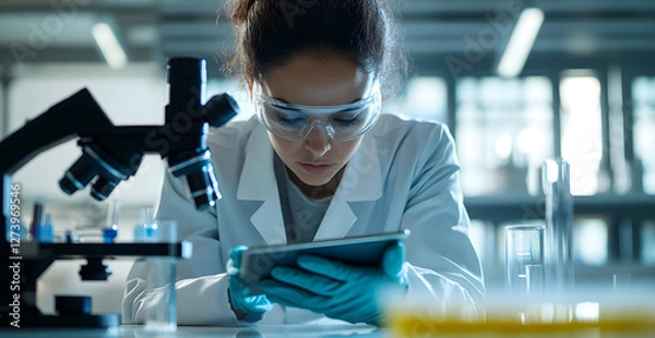 Obraz Scientist is looking through a microscope and taking notes