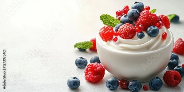 Obraz Creamy yogurt topped with fresh raspberries and blueberries on a light surface