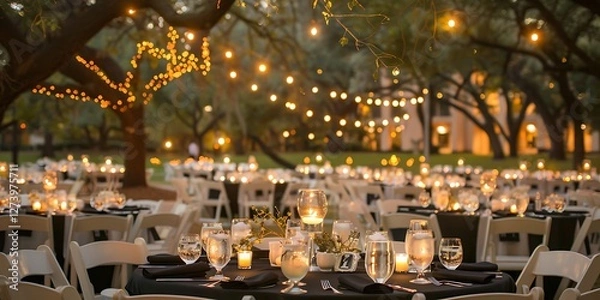 Fototapeta On a university campus an evening dinner is arranged outdoors amidst gently lit trees Numerous round tables adorned with white and black tablecloths are surrounded