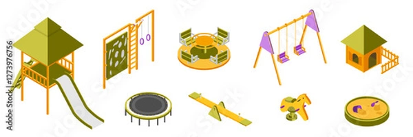 Obraz Kids playground isometric vector illustrations set. Children amusement park objects collection. Carousel, rocking horse, swing, slide, trampoline, sandbox and seesaw. Childish outdoor entertainment.