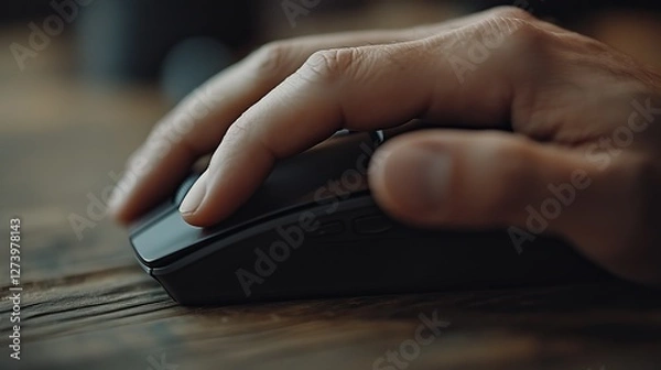 Fototapeta Close-Up of a Hand Operating a Computer Mouse on a Wooden Table Surface in a Modern Workspace