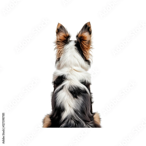 Obraz Rear view of a dog's back showing head and ears. The canine has a tri-color coat, sitting on a transparent background