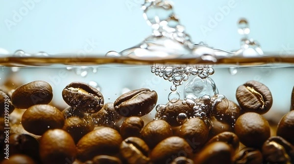 Fototapeta Dark Nutty Bitter, Submerged Coffee Beans in Liquid with Bubbles and Splashes