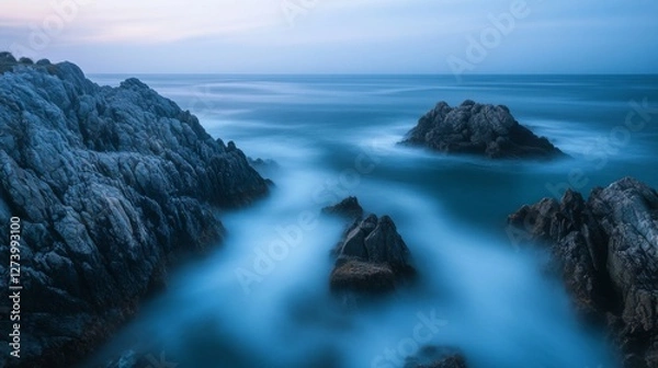 Fototapeta Coastal Rocks at Dawn, Misty Ocean Scene, Tranquil Landscape, Suitable for Backgrounds, Wall Art