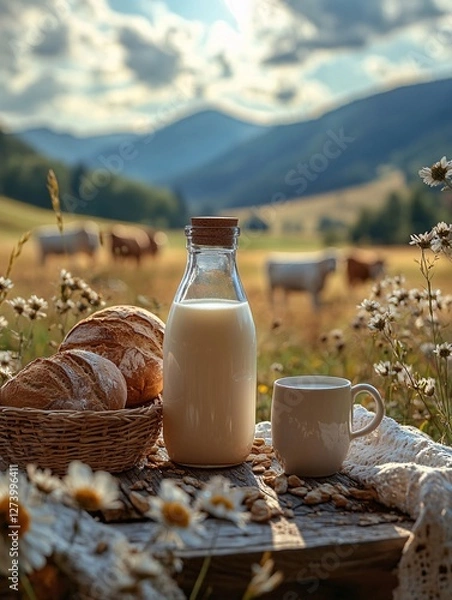 Fototapeta A rustic countryside breakfast with a bottle of fresh milk, a glass, and a basket of homemade bread on a wooden table, set against rolling hills and grazing cows in the warm autumn sunlight