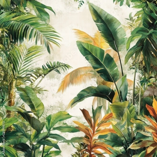 Obraz A vintage watercolor jungle wallpaper design with soft brushstrokes and detailed botanical elements, blending nature and fine art