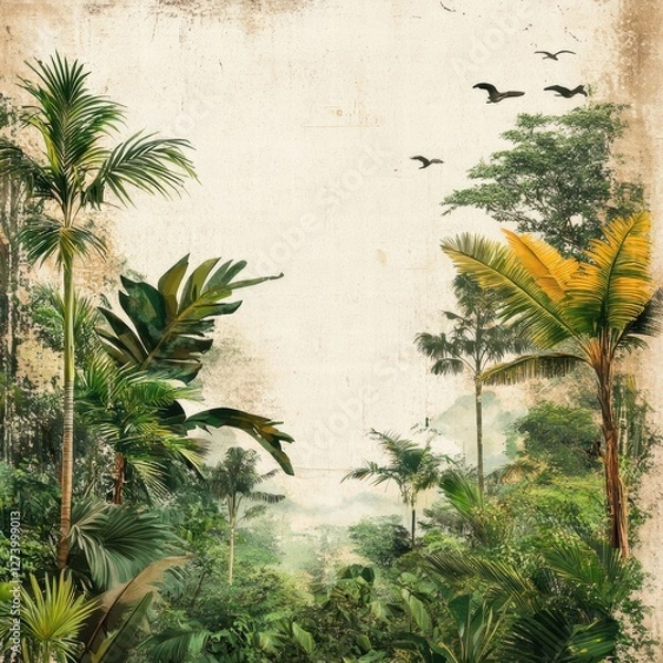 Obraz A subtle textured vintage wallpaper design that incorporates faded jungle plants and wildlife sketches into an aged parchment-style background