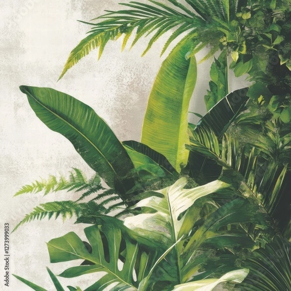Obraz A soft vintage rainforest wallpaper design with delicate pencil-drawn palm leaves and jungle ferns, creating a calming and elegant effect
