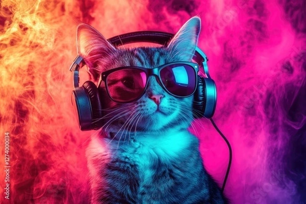 Fototapeta A fashionable cat wearing sunglasses and headphones, surrounded by neon pink, blue, and orange smoke, creating a dynamic and futuristic vibe. Ideal for music, fashion, and creative digital projects