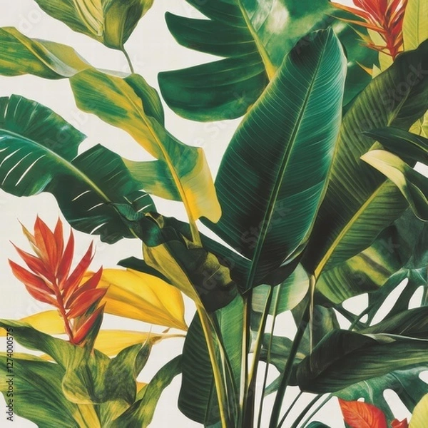 Obraz A vintage tropical wallpaper design showcasing a soft white background with delicately illustrated jungle flora, emphasizing the fine lines and natural beauty of the plants