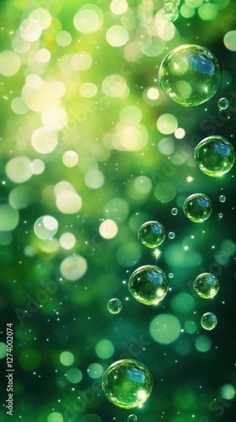 Fototapeta Bubbles suspended in air with a vibrant green background capturing a serene, magical atmosphere