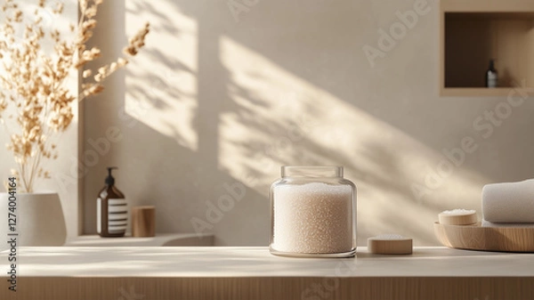 Fototapeta シンプルで落ち着いたバスルームに置かれたオーガニックバスソルト