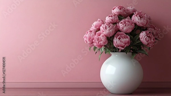 Fototapeta A bouquet of vibrant pink peonies elegantly arranged in a white ceramic vase, set against a soft pink background, creating a harmonious and sophisticated floral composition
