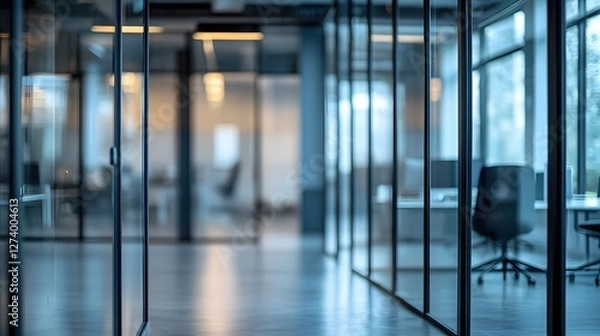 Fototapeta Modern office interior with glass walls and doors creating a sense of transparency and openness