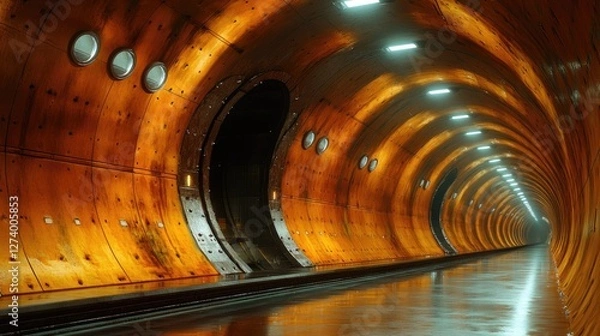 Fototapeta Modern tunnel interior, glowing lights, pathway.  Possible stock photo use Architectural design