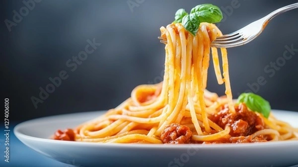 Fototapeta Delicious spaghetti with meat sauce, fresh basil, and a fork, presented on a white plate