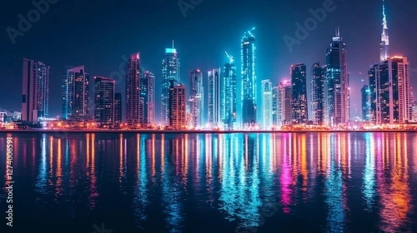 Fototapeta Vibrant Nighttime Skyline of a Modern City with Colorful Lights