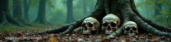 Fototapeta Skulls scattered beneath the gnarled tree roots, roots, eerie, foreboding