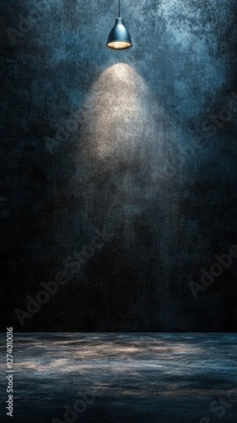 Fototapeta Dramatic spotlight illuminates an empty space with a textured dark background to create an atmosphere of intrigue and depth