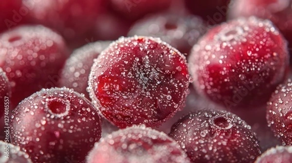 Fototapeta A close-up of frozen red berries coated in sugar, showcasing their texture and color.