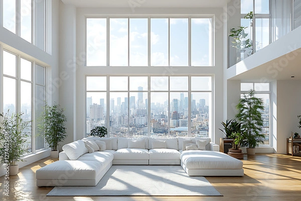 Obraz A modern, minimalist living room with a bright and airy atmosphere. The space features a white sectional sofa, large windows with city views, indoor plants, and elegant decor