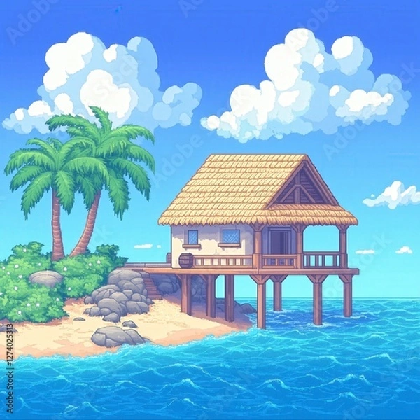 Obraz Pixel Art Serene Tropical Island with Palm Trees and Cozy Waterfront Cabin