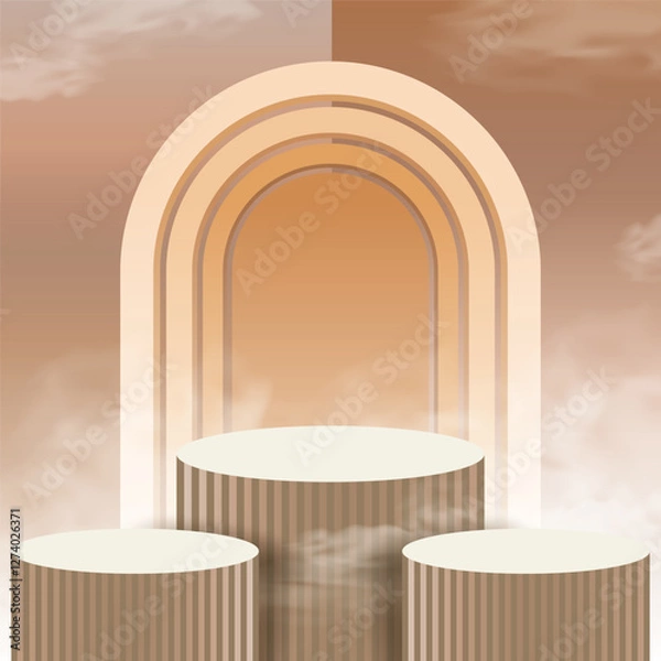Fototapeta Empty podium and a beautiful archway stand in the background. Podium for product display.