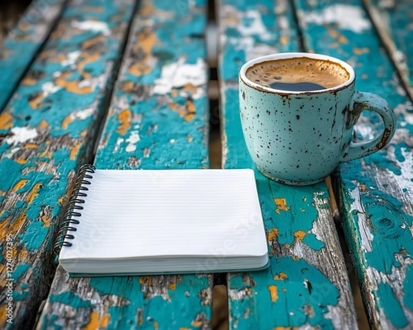 Obraz Coffee cup and blank notebook on rustic wooden table.