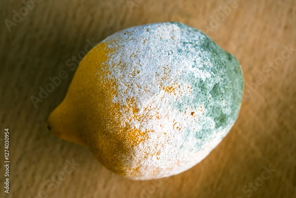 Obraz Angeschimmelte Zitrone auf Holzbrett liegend