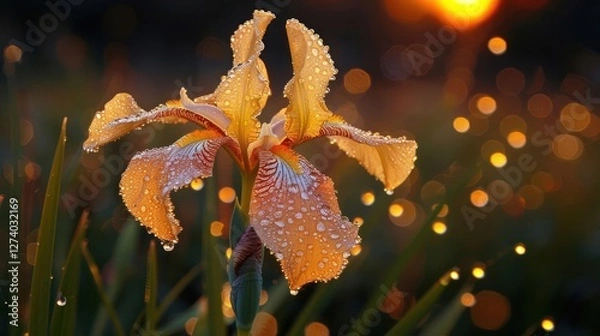 Fototapeta A close-up of a vibrant iris flower adorned with water droplets, set against a bokeh sunset.
