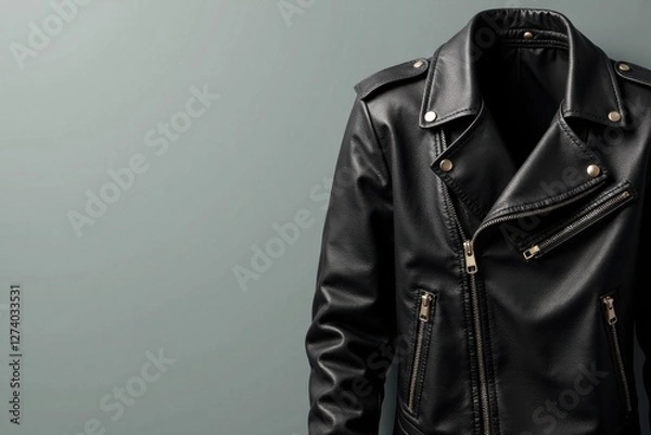 Fototapeta Classic Black Leather Motorcycle Jacket with Asymmetrical Zipper Detail and Golden Hardware