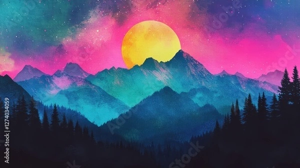 Obraz Watercolor-textured vector night scene, softly blended green and blue mountains, hand-painted pink trees, and a deep night sky with a painterly gradient