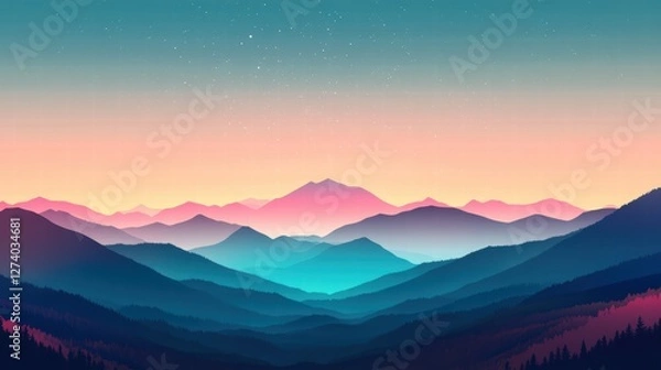 Obraz Aesthetic minimalist vector art, a mountain valley with green and blue tones, soft pink foliage, crisp night sky with twinkling stars, modern and flat design using clean shapes and limited colors