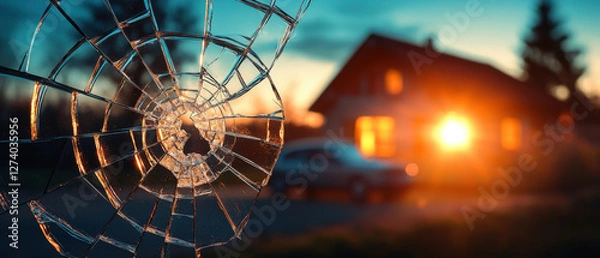 Fototapeta Shattered window in foreground with sunset view of house, house and car insurance concepts.
