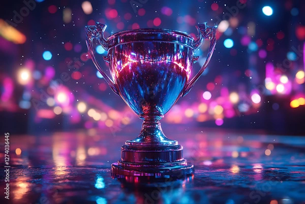 Fototapeta A futuristic esports championship trophy displayed on a grand stage with vibrant neon lights and an electrifying atmosphere. The image symbolizes victory, competition, and gaming excellence