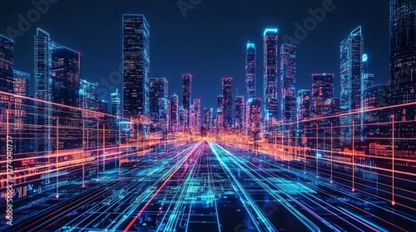 Fototapeta Futuristic Cityscape with Neon Lights and Data Flow at Night