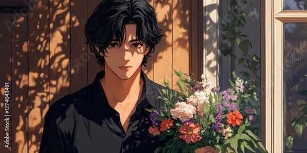 Fototapeta Intense gaze meets eyes as a man in a sleek black shirt locks focus, framed by dark curls. His stoic expression radiates quiet strength