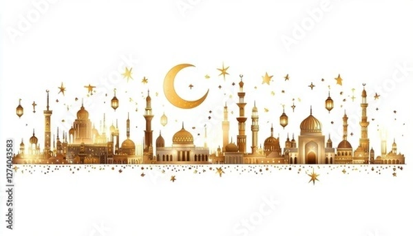 Fototapeta Golden Islamic Cityscape at Night with Crescent Moon and Stars