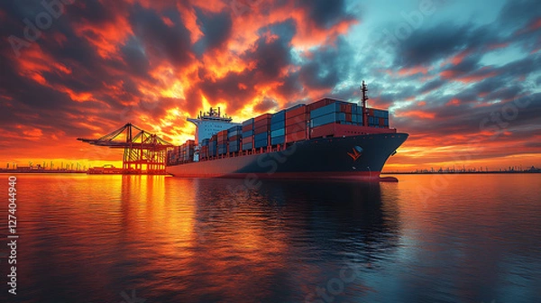 Fototapeta A large cargo ship docked at an industrial port, loaded with colorful shipping containers under the evening sky. The image symbolizes global trade, logistics, and international shipping