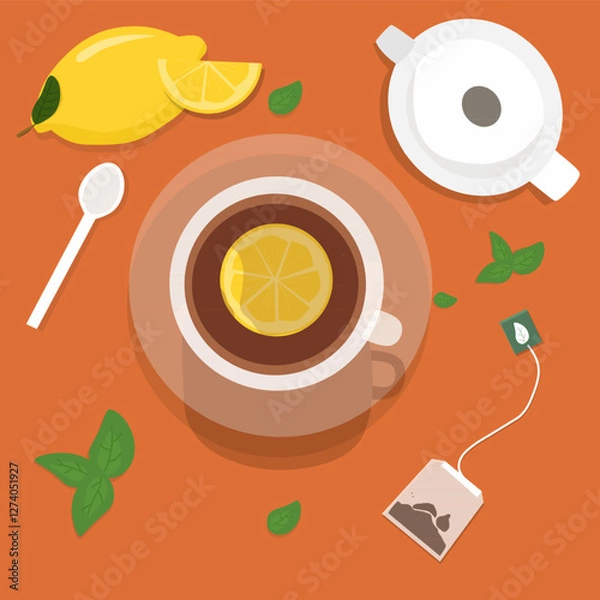 Obraz Cup with tea and lemons vector ilustration or lemon tea 