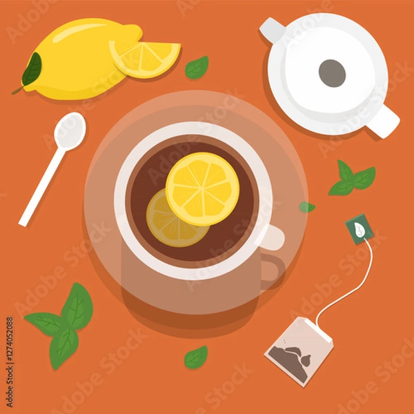 Obraz Lemon tea or Cup with tea and lemons 