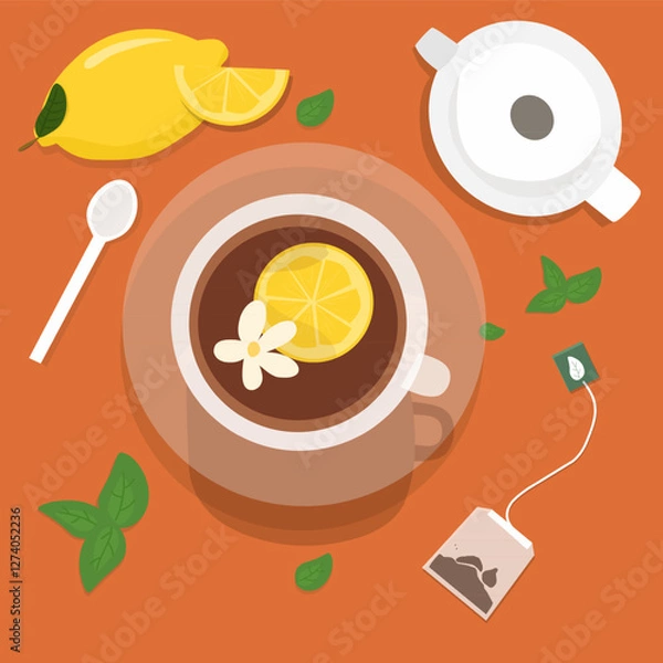 Fototapeta Cup with tea and lemons and Jasmine vector ilustration 
