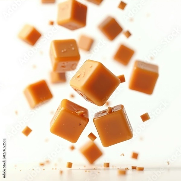Fototapeta Flying caramel cubes isolated against white background. Toffee, fudge, candy cubes in motion. Tasty sugar food ingredient. Confectionery sweet product macro treat. Soft, chewy dessert with creamy