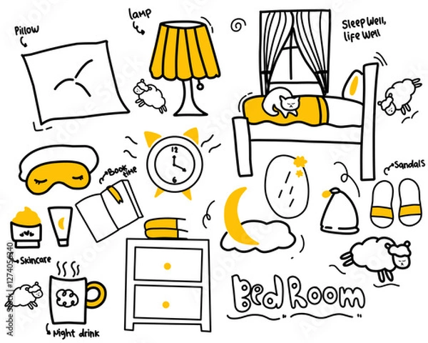 Fototapeta Set of Hand drawn doodle Set of Sleep Related. Sleeping drawing icons vector ilustration black white and orange 