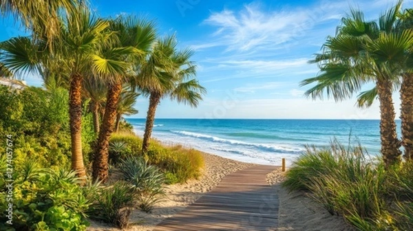 Fototapeta Palm trees lining a luxurious beachfront, with a boardwalk leading toward the ocean, soft waves shimmering under the midday sun.