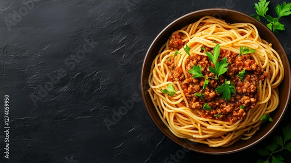 Fototapeta bowl of spaghetti topped with rich bolognese sauce and fresh herbs