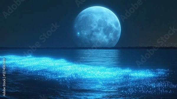 Fototapeta a large moon close to sea level, its light glowing brightly over the ocean. Bioluminescent plankton sparkle in the waves