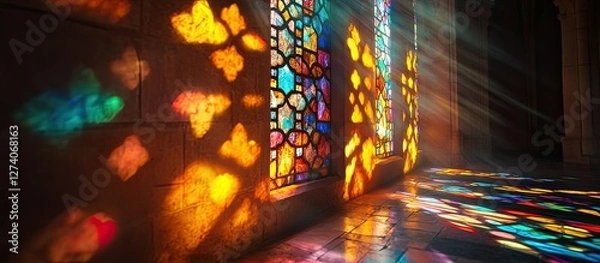 Fototapeta Stunning Stained Glass Reflections in Historical Architecture on a Vibrant Afternoon